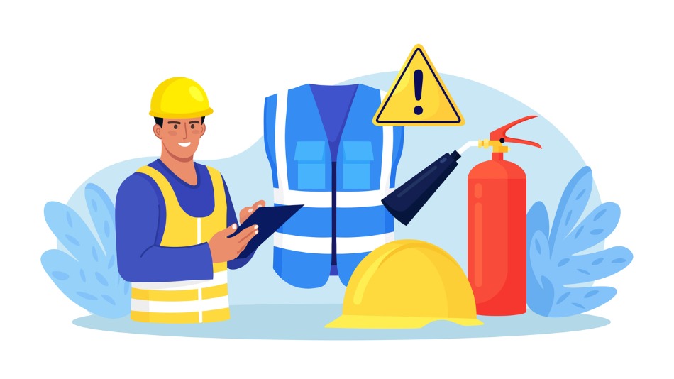 Normas de seguridad para riesgos laborales. Operario con casco, chaleco y extintor de incendio